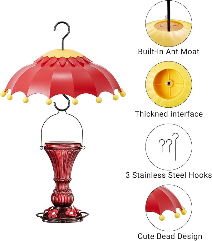 Baffle for Bird Feeder Cover Dome Rain with 3 Hooks, Suitable for Hummingbird Feeders and Wild Bird Feeders,Built-in Ant Moat,Protective Cover for Hanging Bird Feeders,14 inches, Purple (Red)