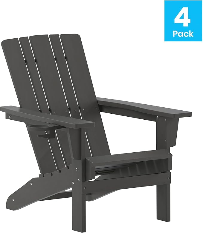 Flash Furniture Halifax Adirondack Chairs with Cup Holders, Weather Resistant Poly Resin Adirondack Chairs, Set of 4, Gray
