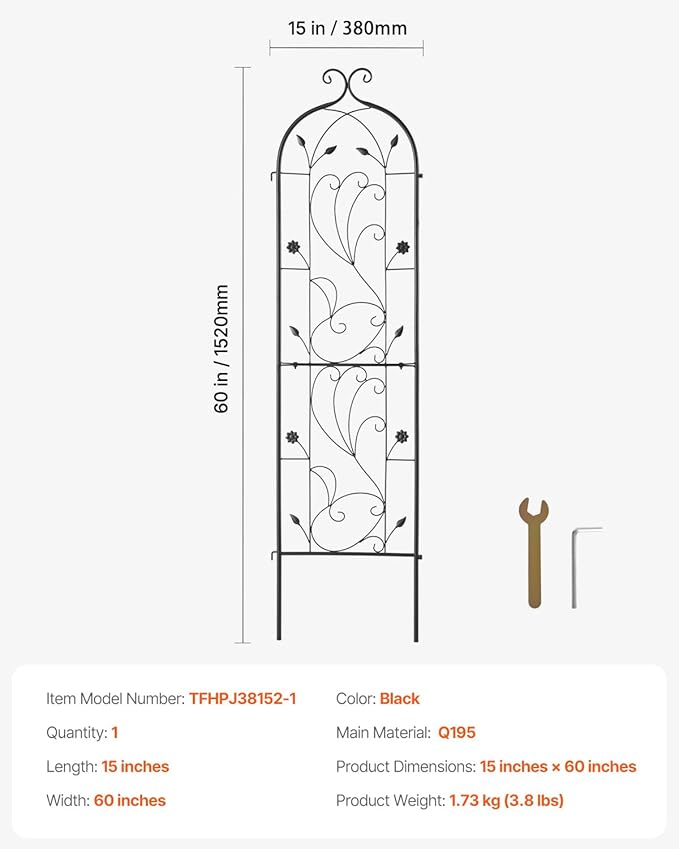 VEVOR 60 x 15 in, Rustproof Metal Garden Flower Trellis, Outdoor Climbing Rose & Cucumber Support, Decorative Tall Clematis Trellis for Courtyards & Lawns