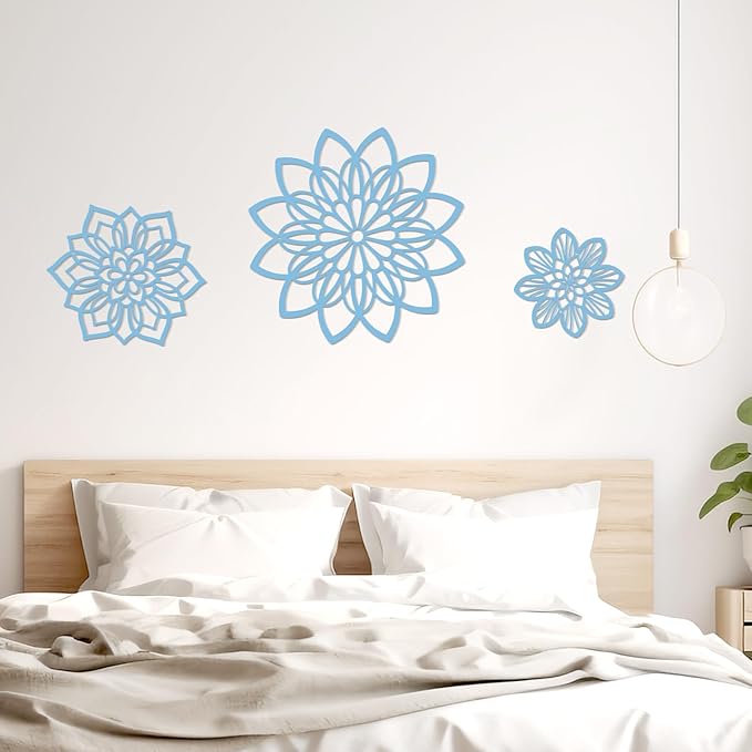Zzbakress 3 Pieces Metal Flowers Wall Decor, Black Wall Decors Metal, Flower Art Wall Decor Farmhouse Wall Decorations Multiple Flowers Hanging Decor for Bathroom Living Room Home Kitchen Garden Office (Blue Elegant)