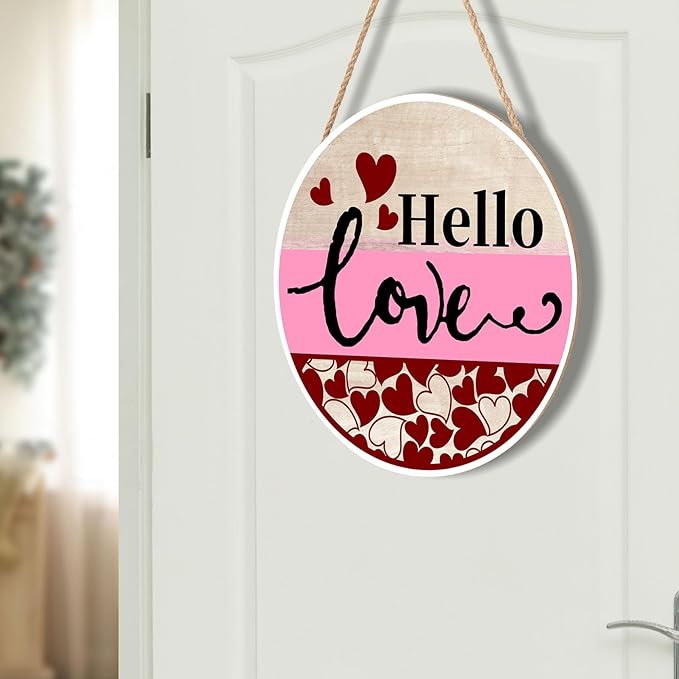 Valentine's Day Hello Love Door Sign For Front Door Decor,Red Heart Wooden Sign 12"x 12" Round Wood Hanging Door Sign Valentines Decoration for Wall Rustic Farmhouse Porch Decor