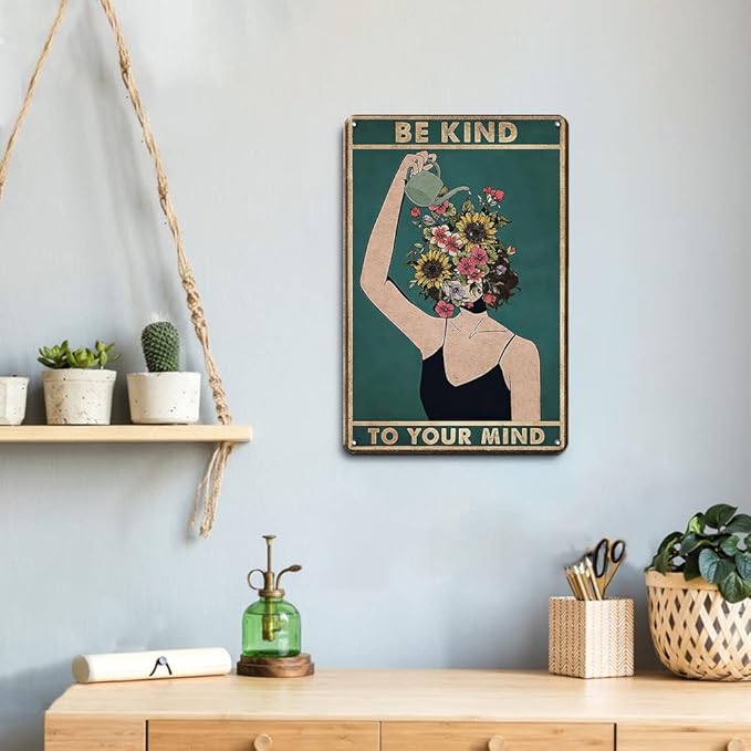Hippie Room Decor Metal Vintage Tin Sign Be Kind to Your Mind, Funky Decor Retro Wall Art, Funny 12x8 Inches Retro Wall Decor Sign, Land Lady Gift, Floral Woman Gift for Plant Lovers