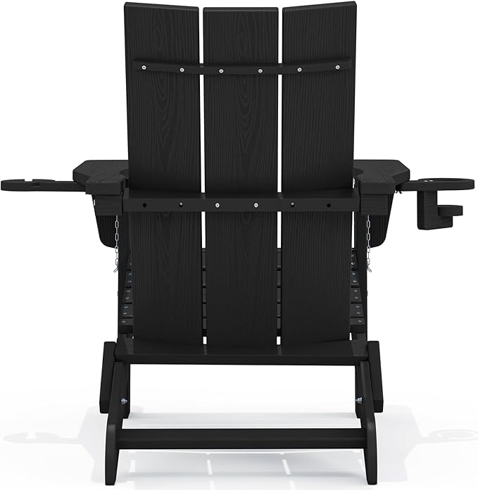 SERWALL Folding Adirondack Chairs with Cup Holders Set of 8, Folding Modern Adirondack Chair, HDPE Outdoor Adirondack Chair for All Weather Using, Black