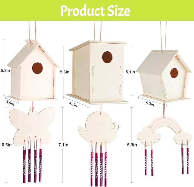 Crafts for Kids Ages 4-8 - 12 Pack DIY Bird House Wind Chime Kit Party Favors - Build and Paint Birdhouses Wooden Arts Kits - Easter Basket Stuffers Gifts for Girls Boys Toddlers Ages 3-5 4-6 6-8 8-12