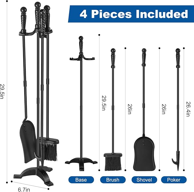 Fireplace Tool Sets with Stand Cast Iron Fire Tools Fireplace Accessories Wood Burning with Poker Shovel Brush Wood Stove Tools Black