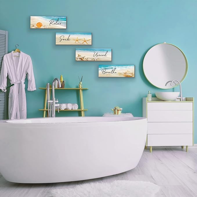 ZINYAZHE 4 Pieces Beach Bathroom Decor Ocean Beach Wall Decors Relax Soak Unwind Breathe Blue Wall Art Wooden Seashell Sea Beach Decorations for Bathroom Living Room Laundry Spa Washroom(12x3.5 Inch)