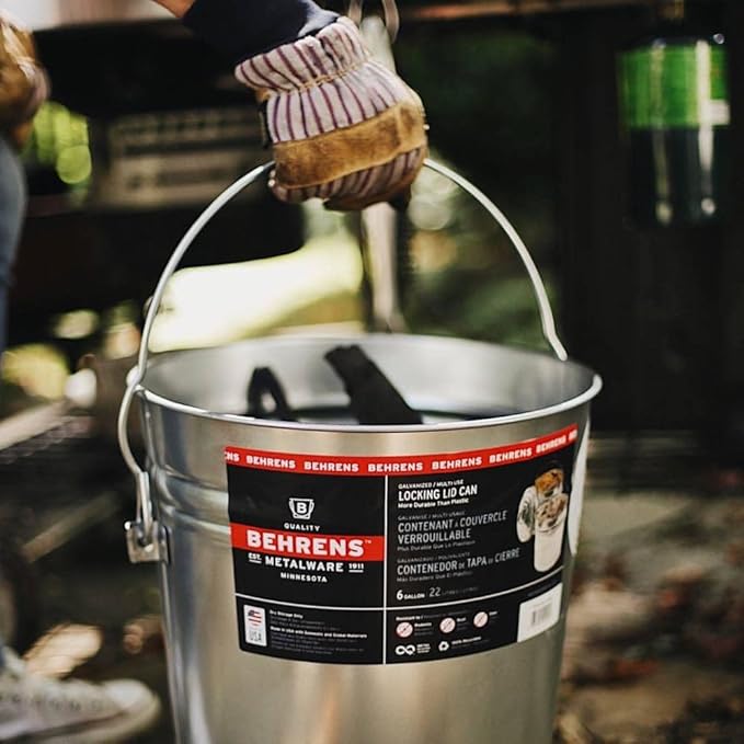 Behrens 6 Gallon Galvanized Steel Storage Can or Waste Bin w/Locking Lid & Handle (2 can, 2 Black Grip)