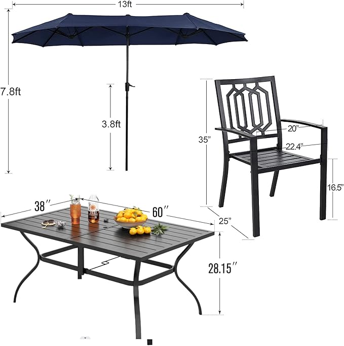 PHI VILLA Patio Dining Set 8 PCS with 13ft Double-Sided Patio Umbrella(Navy Blue)，Metal Outdoor Dining Set - 6 x Outdoor Stackable Chairs, 1 x 60"x38"Rectangle Dining Table and 1 Umbrella