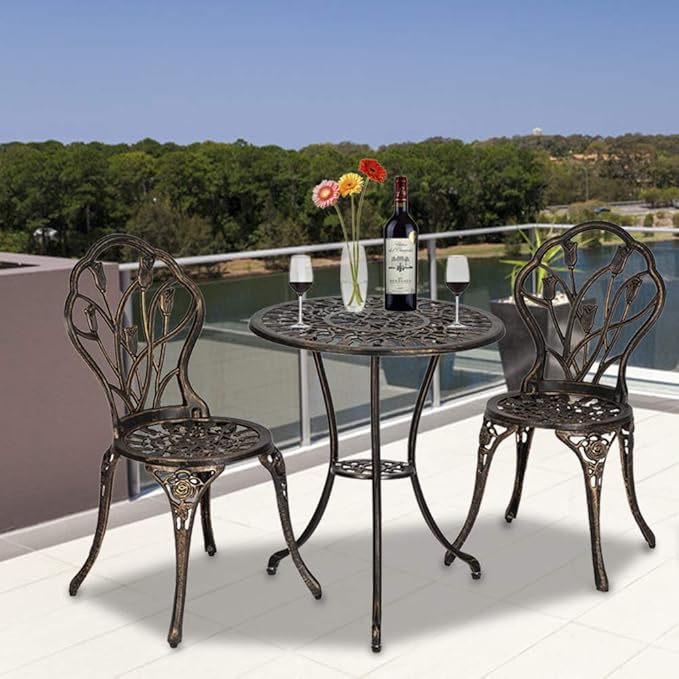 VINGLI 3 PCS Outdoor Bistro Set, Outdoor Patio Set, All-Weather Cast Aluminum Bistro Table Set, Bistro Table and Chairs Set of 2 for Backyard, Garden, Balcony (Bronze, Tulip)
