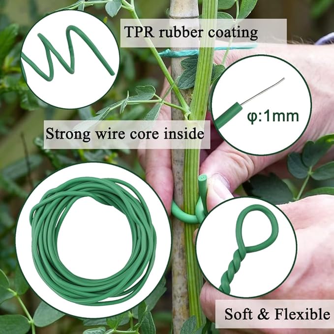 32.8FT Soft Twist Ties for Plants – Durable Flexible TPR Rubber Coated Garden Wire with UV Protection, Reusable Plant Tie for Securing Tomatoes, Delicate Stems, Vines, Flowers, 0.14 In Diameter