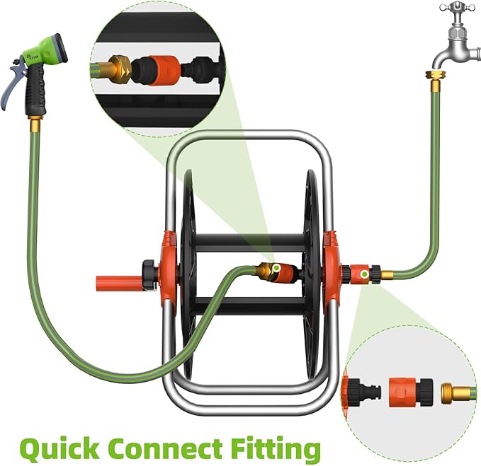 Water Hose Reel Cart, Holds 60-80 Ft of 5/8 Inch Hose, Orange Wall Mounted Garden Hose Cart, Portable Hose Reel for Convenient Storage and Watering