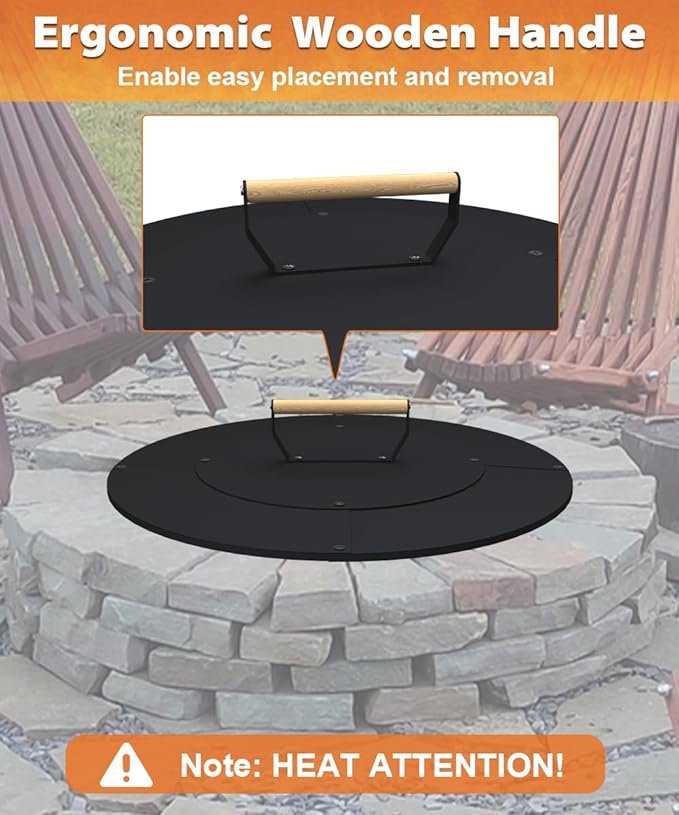 22" Wooden-handle Fire Pit Lid for Pits up to 20", Round Metal Bonfire Pit Burner Pan Cover, Smokeless Fire Pit Cover for Fire Tables, All-Weather Resistance Outdoor Firepit Accessory