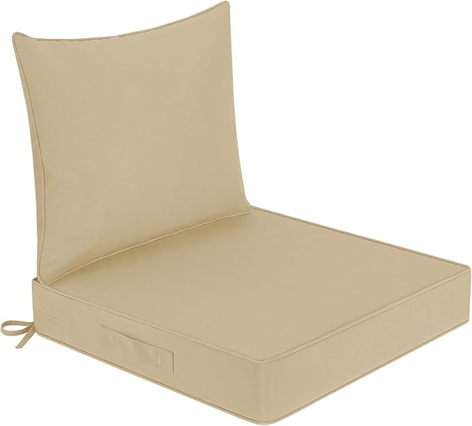downluxe Outdoor Chair Cushions 24x24 with Removable Cover, Waterproof Patio Furniture Cushions, Deep Seat Cushions for Outdoor Furniture with Backrest for Sofa, Couch and Patio Chairs, Khaki
