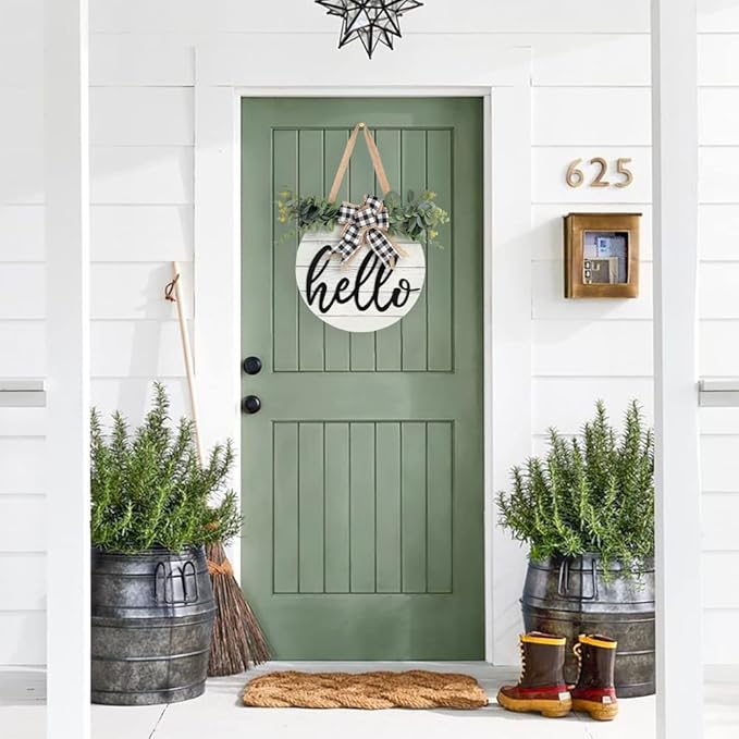 3D Hello Spring Wreaths for Front Door | White Horizontal Round Wreaths | Housewarming Gift | Farmhouse Wood Door Hanger for Home Decor Indoor and Outdoor, Classroom, Yard, Porch Decor