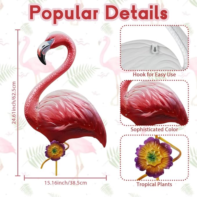 Large Pink Flamingo Wall Decor-Tropical Bird Decor for Indoor Outdoor, Metal Flamingo Outdoor Wall Art Decor Rust-Resistant, Wall Hanging Present for Garden & Home Decor