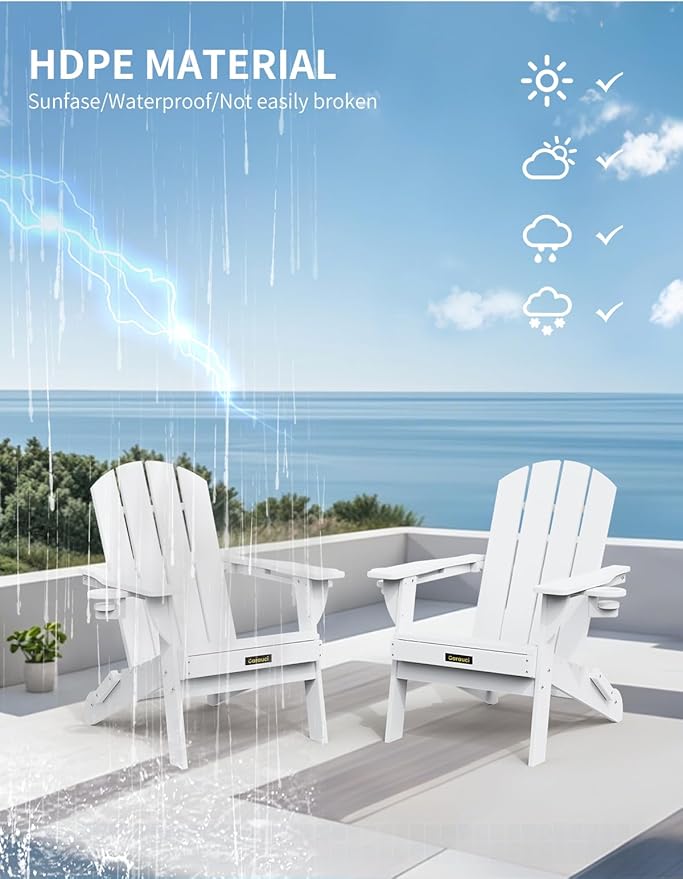 Folding Adirondack Chair, Wooden Textured Plastic Adirondack Chairs with 2 Cup Holder, Weather Resistant HDPE Fire Pit Chair, Outdoor Patio Chairs for Garden, Backyard, Lawn, Deck, 380LBS, White