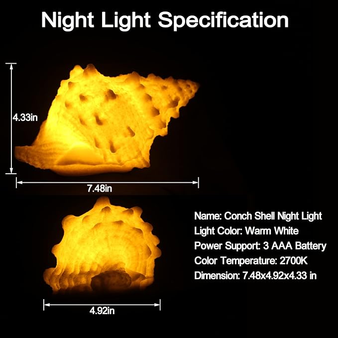 Conch Shell Night Light-Battery Powered LED Night Light for Kids Room, Auto Off Timer, Adults Bedroom Decor Nautical Lighting, Beach Themed Lamp Suitable for Baby Nursery, Home Ocean-Nightstand Decor