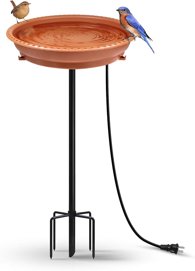 BIRD WISH Heated Bird Bath, Stable 5-Prong Metal Base Thermostat Control Weather Resistance All Seasons Available 75W Heated Bird Baths for Outdoors for Winter Garden Yard Patio Lawn, Terracotta