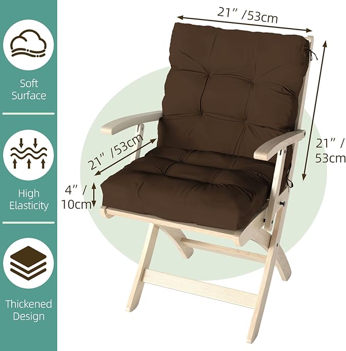 Outdoor Chair Cushion, 42x21x4 Inch Patio Cushions for Dining/Rocking Chairs, High Back Soft Seat Pad with Ties, Indoor Outside Use, Fade-Resistant & Waterproof, Brown