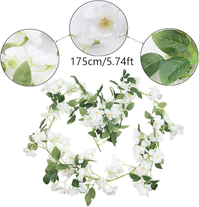 CISDUEO Artificial Cherry Blossom Flower Vine Hanging White Cherry Blossom Flower Silk Garland Hanging Vines Faux Flowers for Outdoors Spring Wedding Party Home Table Centerpiece Arrangement Decor