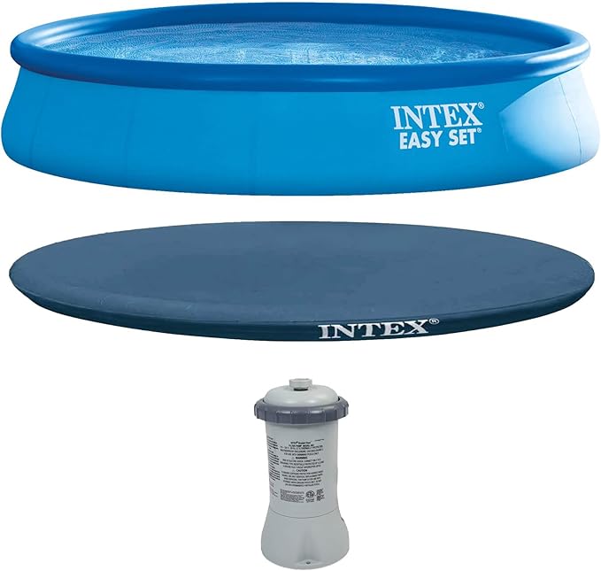 Intex 15' x 33" Easy Set Inflatable Ring Top Round Above Ground Swimming Pool with Cover and Krystal Clear Cartridge Filter Pump