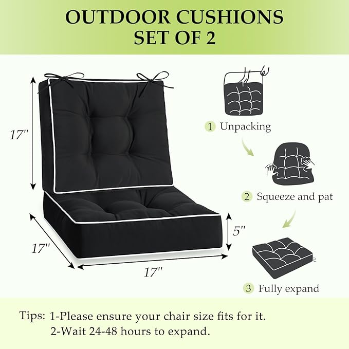 HARBOREST Outdoor Chair Cushions Set of 2, Tufted Patio Chair Cushions with Ties, Square Corner Outdoor Cushions for Patio Furniture, Lawn Chairs, Wicker Chairs, 17" x 17" x 5", Black
