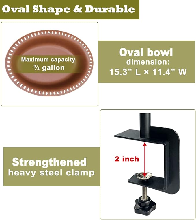 Garbuildman Deck Mounted Bird Bath Bowl Spa Birdfeeder & Adjustable Unheated Birdbath with Heavy Duty Clamp for Outdoor Garden, Oval Style, Brown