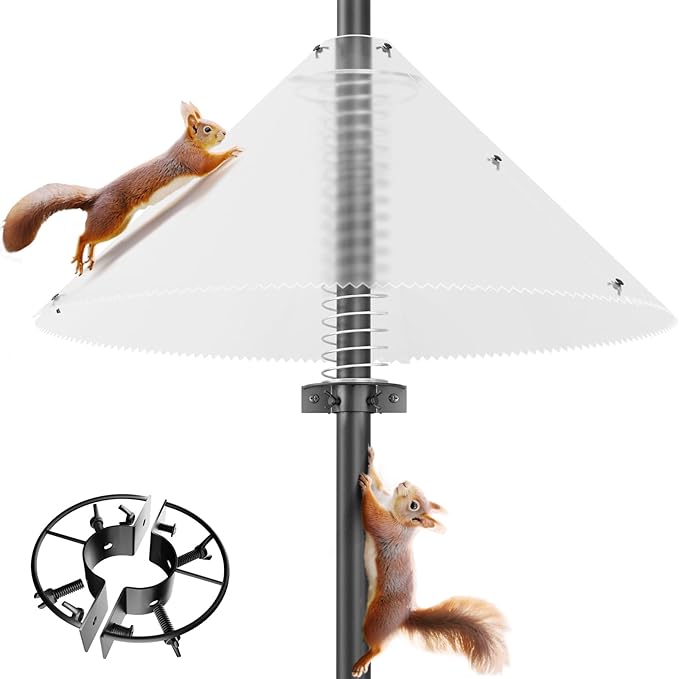 Squirrel Baffle for Bird Feeder Pole – Upgrade Spring-Motion for Effective Squirrels Defense, PC Squirrel Guard Stopper for Outdoor Shepherd's Hook, 19 Inch, Metal Buckle