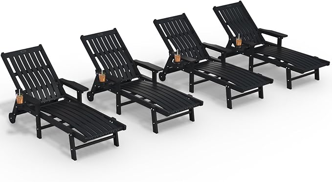 Patio Chaise Lounge Chair Set of 4, Oversized Lounge Chair Outdoor with 5 Positions, HDPE, Patio Lounge Chair with Wheels & Cup Holder for Pool, Deck, Poolside,Black