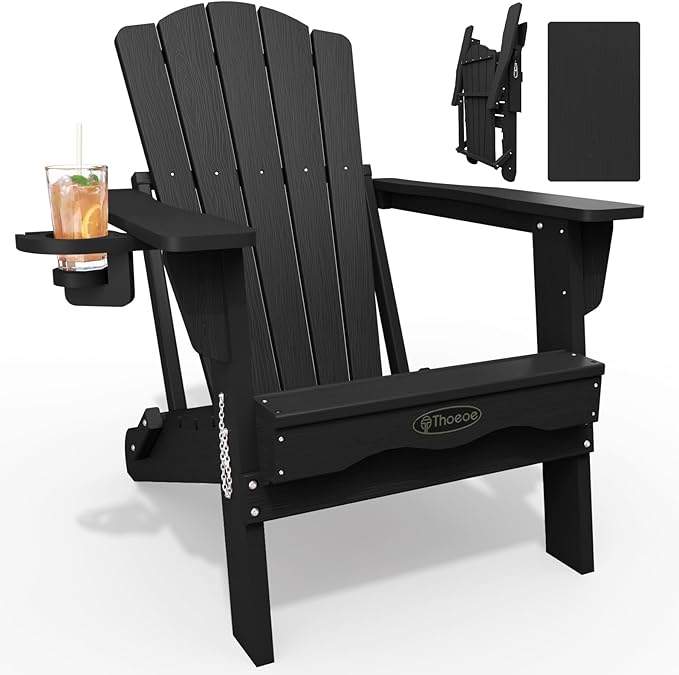 Folding Adirondack Chair,HDPE All-Weather Outdoor Chair with Cup Holder,Wooden Textured,Fire Pit Chair,Plastic Patio Chair for Deck,Backyard,Garden,Lawn(Black)