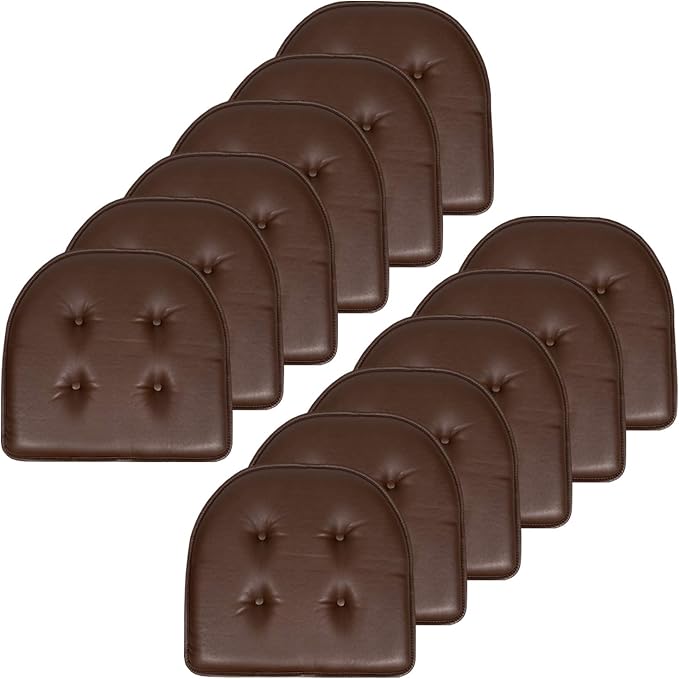 Sweet Home Collection Chair Cushion Memory Foam Pads Tufted Slip Non Skid Rubber Back U-Shaped 17" x 16" Seat Cover, 12 Pack, Faux Leather Chocolate Brown
