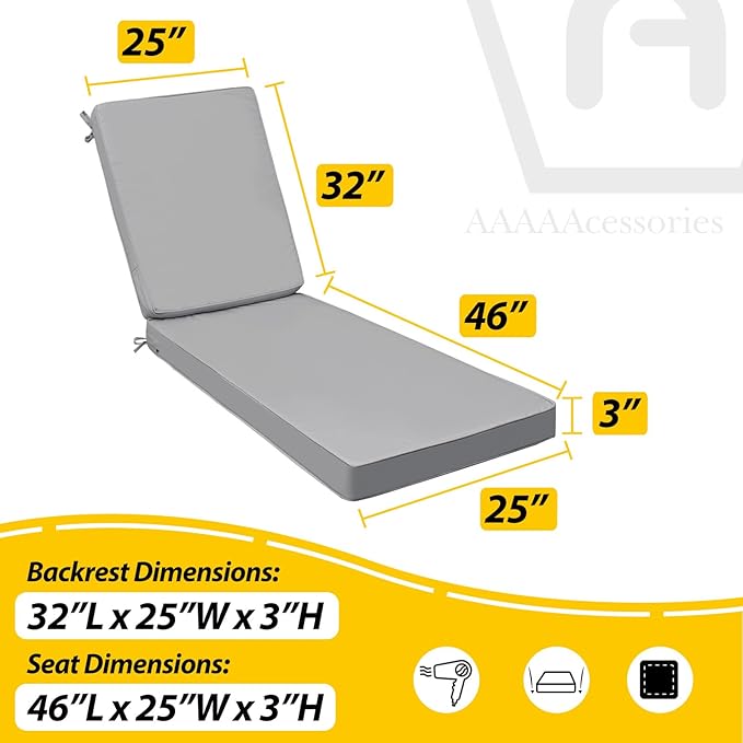 AAAAAcessories Outdoor Chaise Lounge Cushions, Fade-Resistant, Waterproof Patio Furniture Replacement Cushions, 78" x 25" x 3", Gray
