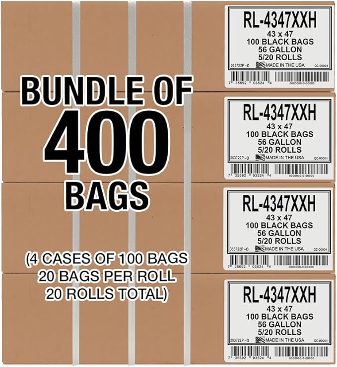 Aluf Plastics T-Tough Roll Pack Low Density Repro Blend Star Seal Coreless Rolls Bag, 56 Gallon Capacity, 47" Length x 43" Width, XXH Strength, Black (Pack of 400)