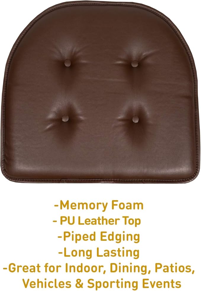 Sweet Home Collection Chair Cushion Memory Foam Pads Tufted Slip Non Skid Rubber Back U-Shaped 17" x 16" Seat Cover, Faux Leather Chocolate Brown 4 Count