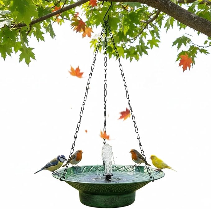 Hanging Bird Bath with Solar Fountain, 12.6" Solar Powered Bird Bath, Metal Hummingbird Fountain Bird Bath for Garden, Patio, Lawn Decor, Green