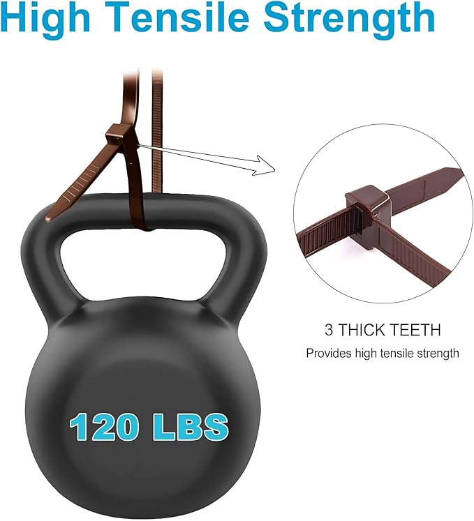 Cable Ties 12 Inch, Brown Zip Ties 50 Pieces, Thick 0.30 inch 120 Pounds Strength, Heavy Duty Outdoor Plastic Ties，Indoor Plants, DIY Projects，Garden, Home， Patio