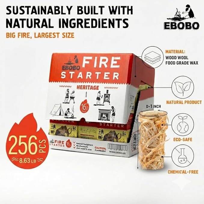 256 pcs Natural Fire Starters for Fireplace, Wood Stove, Charcoal Grill, BBQ, Fire Pit & Smoker – Wood Wool & Wax Rolls – Easy to Light, No Prep, No Mess