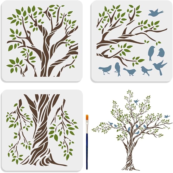 MAYJOYDIY 3pcs Large Tree Bird Branch Stencils 30.8×30.8inch Splice Size Bird On Tree Branch Template with Paint Brush 11.8×11.8inch Stencil Size for Wood DIY Wall Floor Decor Supplies