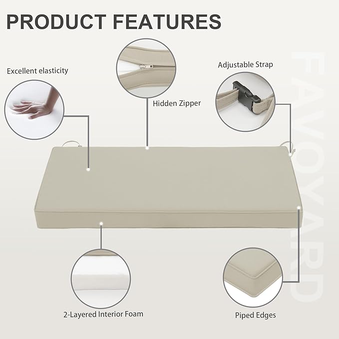Favoyard Outdoor Bench Cushion 59 x 18 Inch Waterproof Patio Furniture Cushions 3-Year Color Fastness Garden Sofa Settee Couch Swing Pads with Handle and Adjustable Straps, Beige