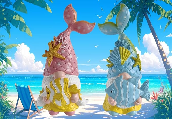 Mermaid Fairy Gnome Sea Star Shell Statue 2psc, Summer Beach Gnomes Figurine Elf Ornaments for Garden Outdoor Indoor Decoration