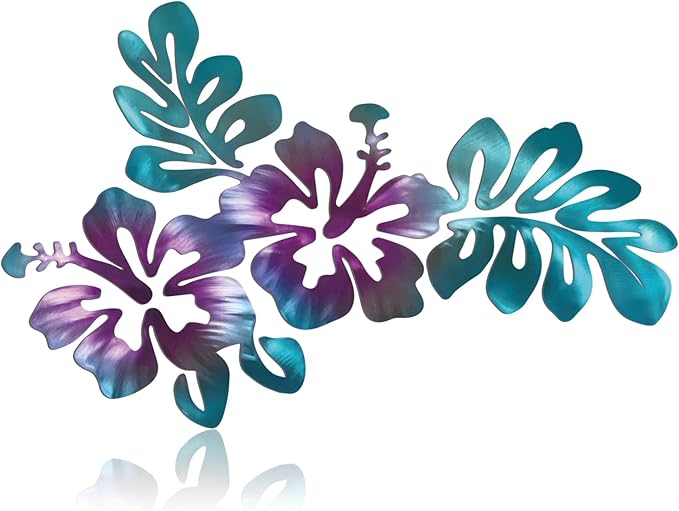 Tandefio Metal Hibiscus Flowers Wall Decor Hawaii Wall Art Rustic Tropical Flowers Decor Summer Vintage Tropical Plant Plaque for Home Bathroom