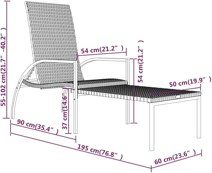 vidaXL PE Rattan Sun Lounger with Footrest, Outdoor Lounge Chair with Adjustable Backrest and Armrests, Gray, Ideal for Patio, Pool, Balcony, and Garden
