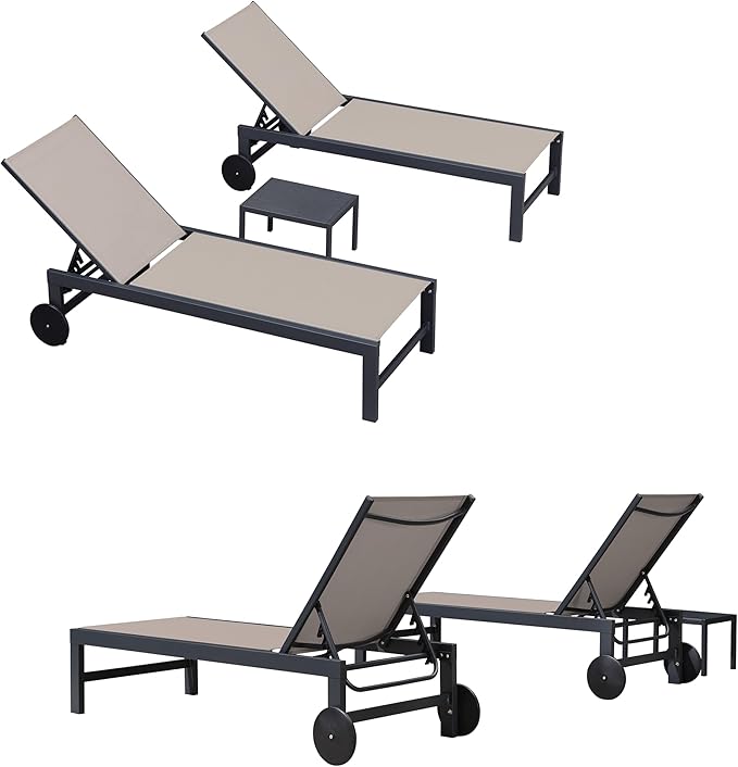PURPLE LEAF Chaise Lounge Chair with Wheels for Outside 4 Pieces Aluminum Outdoor Lounge Chairs with 5 Adjustable Position Recliner for Patio Beach Yard Pool Side Table Included Taupe