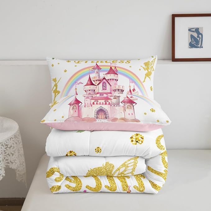 Erosebridal Princess Twin Bedding Sets for Girls,Pink Fairy Castle Comforter Set,Fairy Garden Floral Bed Set Kids Bedroom Decor,Cute Rainbow Comforter Reversible with 1 Pillowcase,Ultra Soft