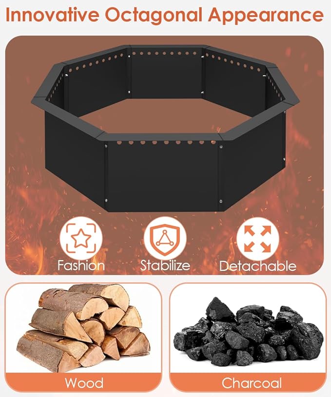 Mocomax Smokeless Fire Pit Ring 40-Inch Outer 36-Inch Inner Diameter, Large Solid Steel Firepit Liner for Outside Wood Burning, DIY Campfire Ring Above or In-Ground for Outdoor, Octagonal