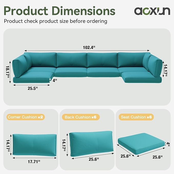 Aoxun Replacement Cushions for Outdoor Furniture, 14-Piece Outdoor Cushions for Patio Furniture, Deep Seat, Waterproof & Fade Resistant Couch Cushion for 6-Seat Patio Conversation Sets, Sky Blue
