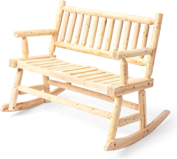 VINGLI Fir Wood Double Rocking Chair for Porch & Garden - 550lb Capacity Weather-Resistant Outdoor Loveseat with High Backrest, Patio Rocker for Backyard, Deck, Natural