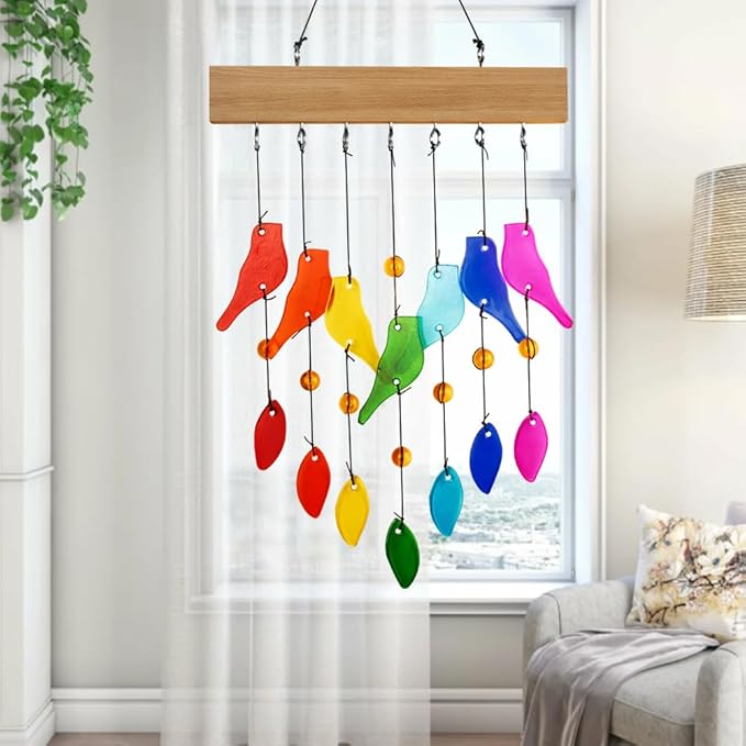 Handwork Crystal Glass & Driftwood Chimes, Sandblasted Glass and Wood Handcrafted Wind Chimes, Birds Wind Chimes for Home, Yard, Patio, Garden Decoration, Gift for Mom, Gifts for Bird Lovers