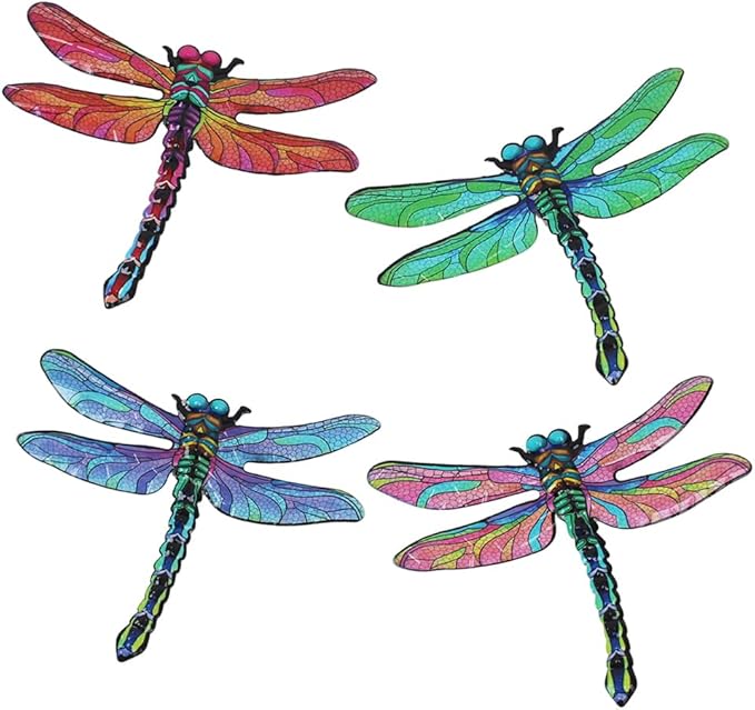 dreamskip Metal Dragonfly Wall Decor Art, 4 Pack Colorful Metal Dragonflies Outdoor Wall Art, Hand Painted Outdoor Wall Decor For Garden, Yard, Fence, Patio, Outside, Living Room Decoration