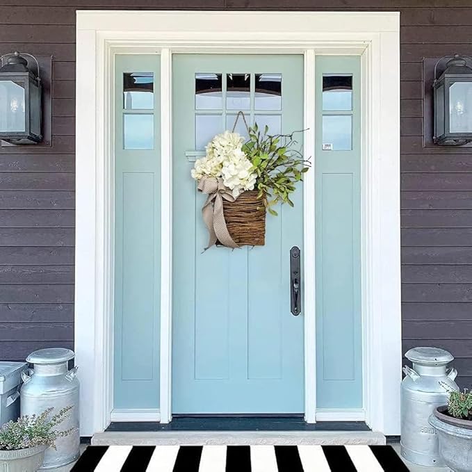 Cream Hydrangea Door Hanger Basket Wreath, Wildflowers Door Hanging Basket, Front Door Beautiful Artificial Spring and Summer Wreath Welcome Sign, Home Porch Farmhouse Decor (D)